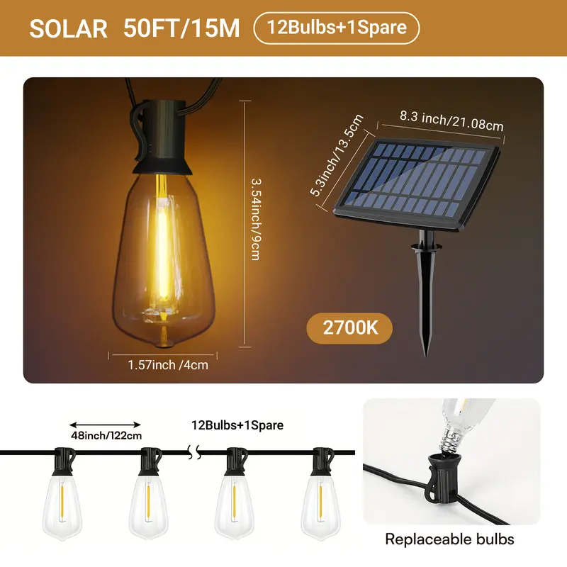 Solar Outdoor String Lights 50FT/100FT/150FT Dimmable Shatterproof ST38 Bulbs Waterproof 2700k Warm Light for Backyard Patio Garden Deck Party Christmas Decorations