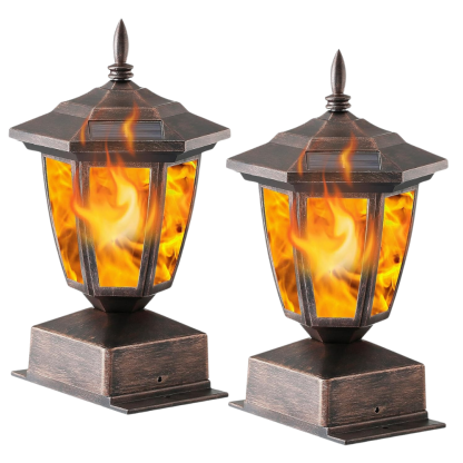 Solar Powered Flame Post Cap Lights For Outdoor Fence