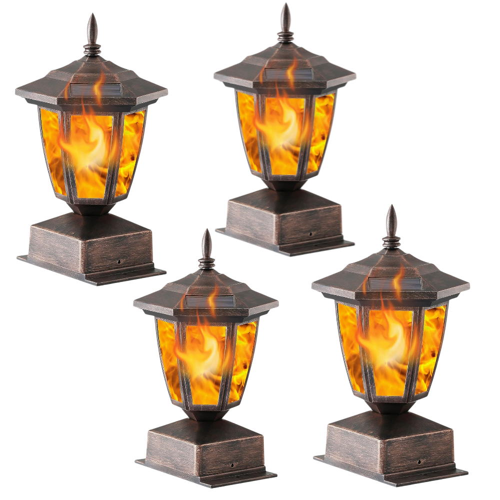 Solar Powered Flame Post Cap Lights For Outdoor Fence