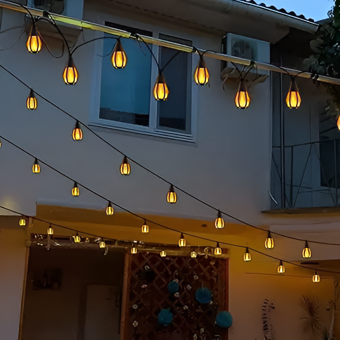 Garden Deco Solar Flame Flickering Lantern, 22Ft Solar Patio Light with 10 Flickering Flame Light Bulbs, Waterproof Lantern For Halloween Christmas Deco Festiva