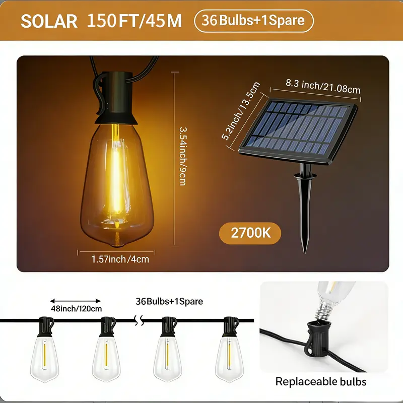 Solar Outdoor String Lights 50FT/100FT/150FT Dimmable Shatterproof ST38 Bulbs Waterproof 2700k Warm Light for Backyard Patio Garden Deck Party Christmas Decorations