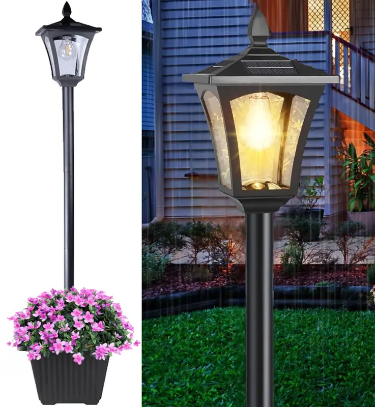 65" Solar Lamp Post Light with Planter, Glass 60 Lumens Solar Garden Lights Outdoor Waterproof Solar Pole Lights Patio Decor, Warm White