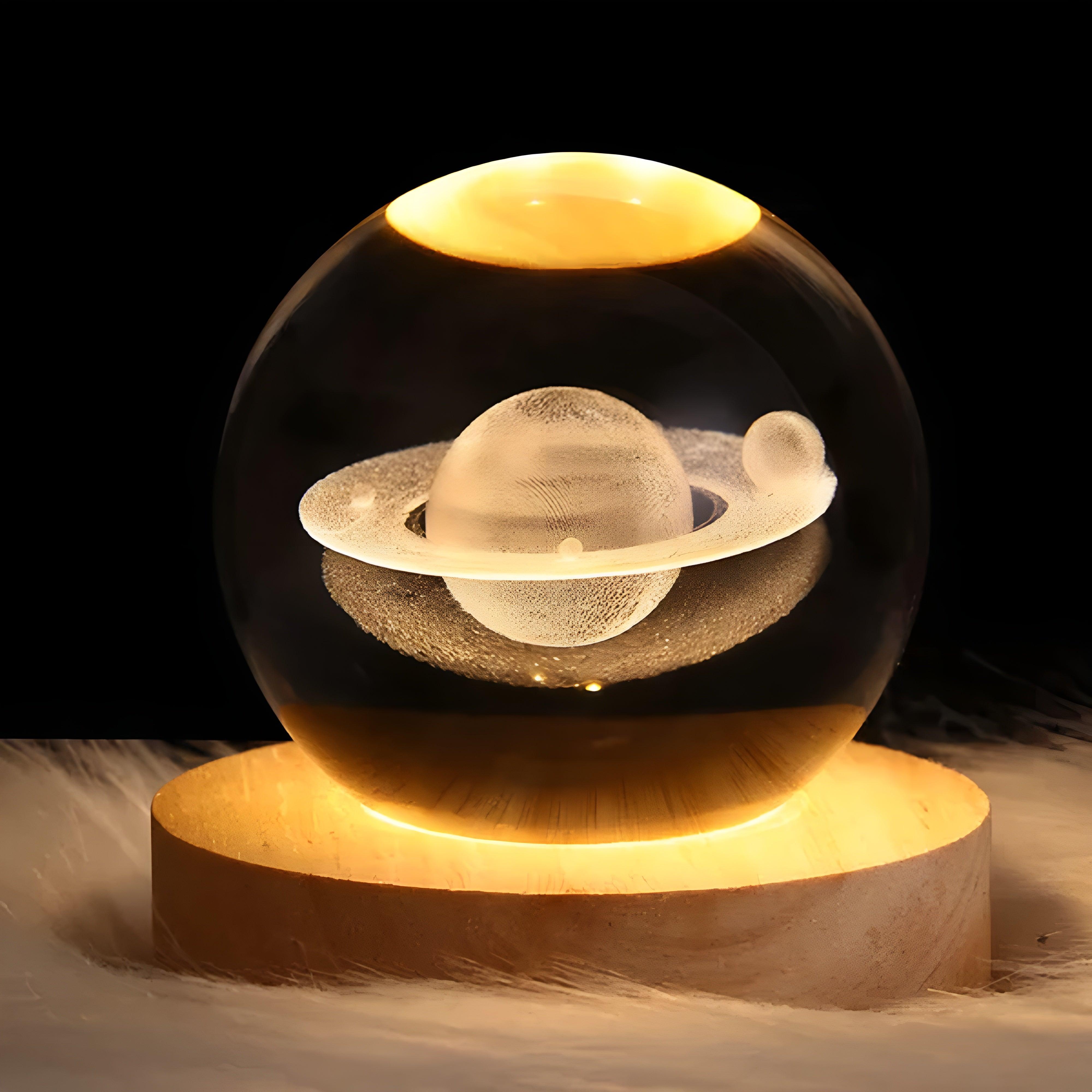 Glowing 3D Crystal Ball Night Light With Wooden Base - Solar Flame Torch