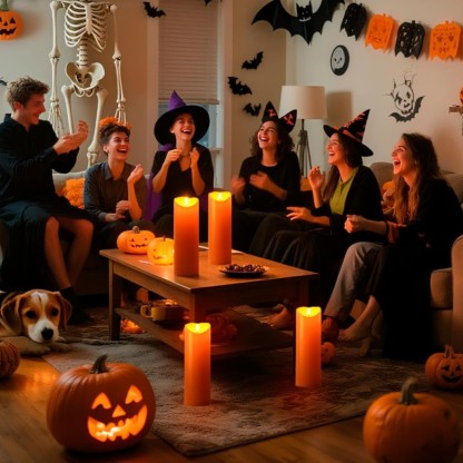 Halloween Orange Flameless Candles Battery Operated With Remote Control And Timer