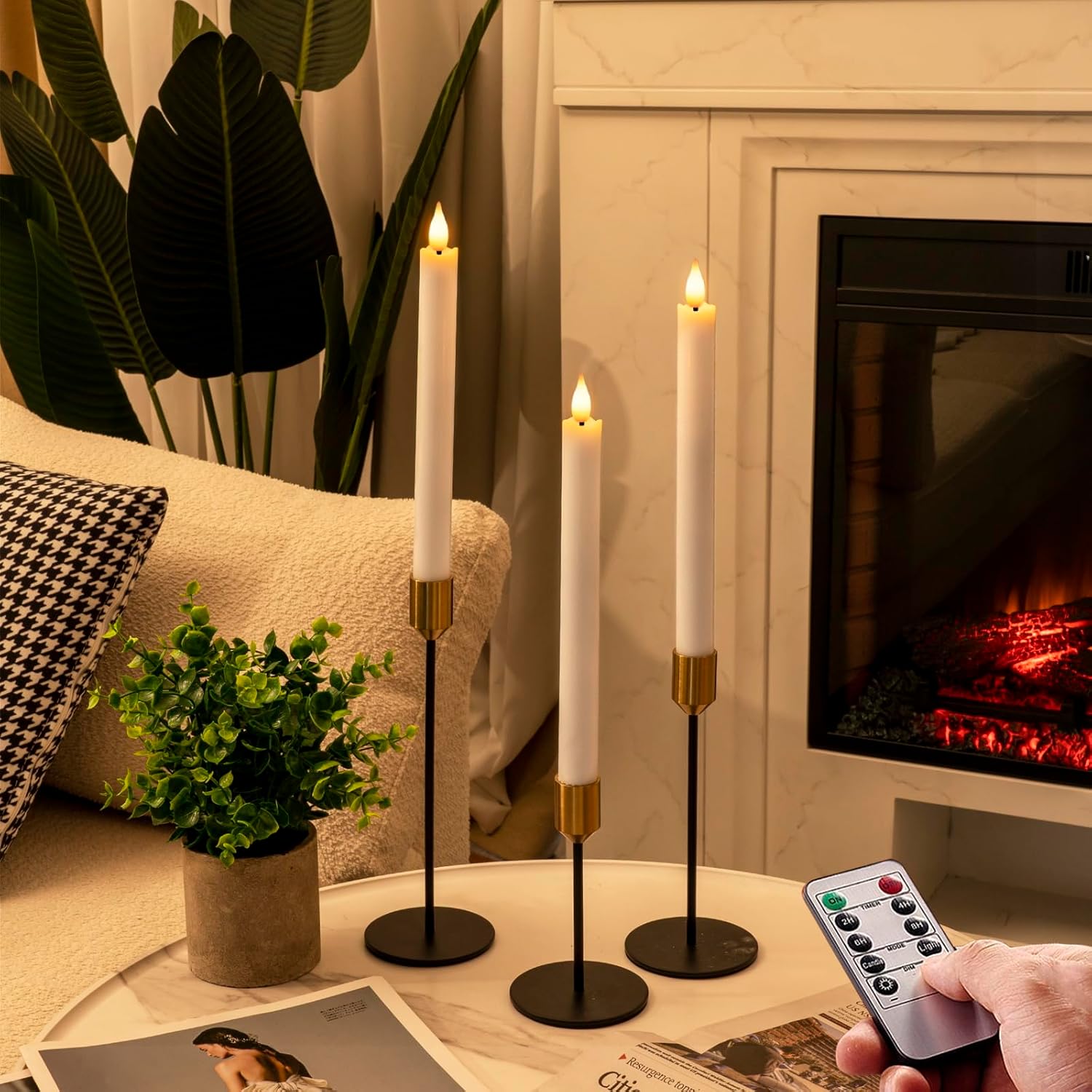 Pack Of 6 Flameless Taper Candles With Remote Timer And Dimmer