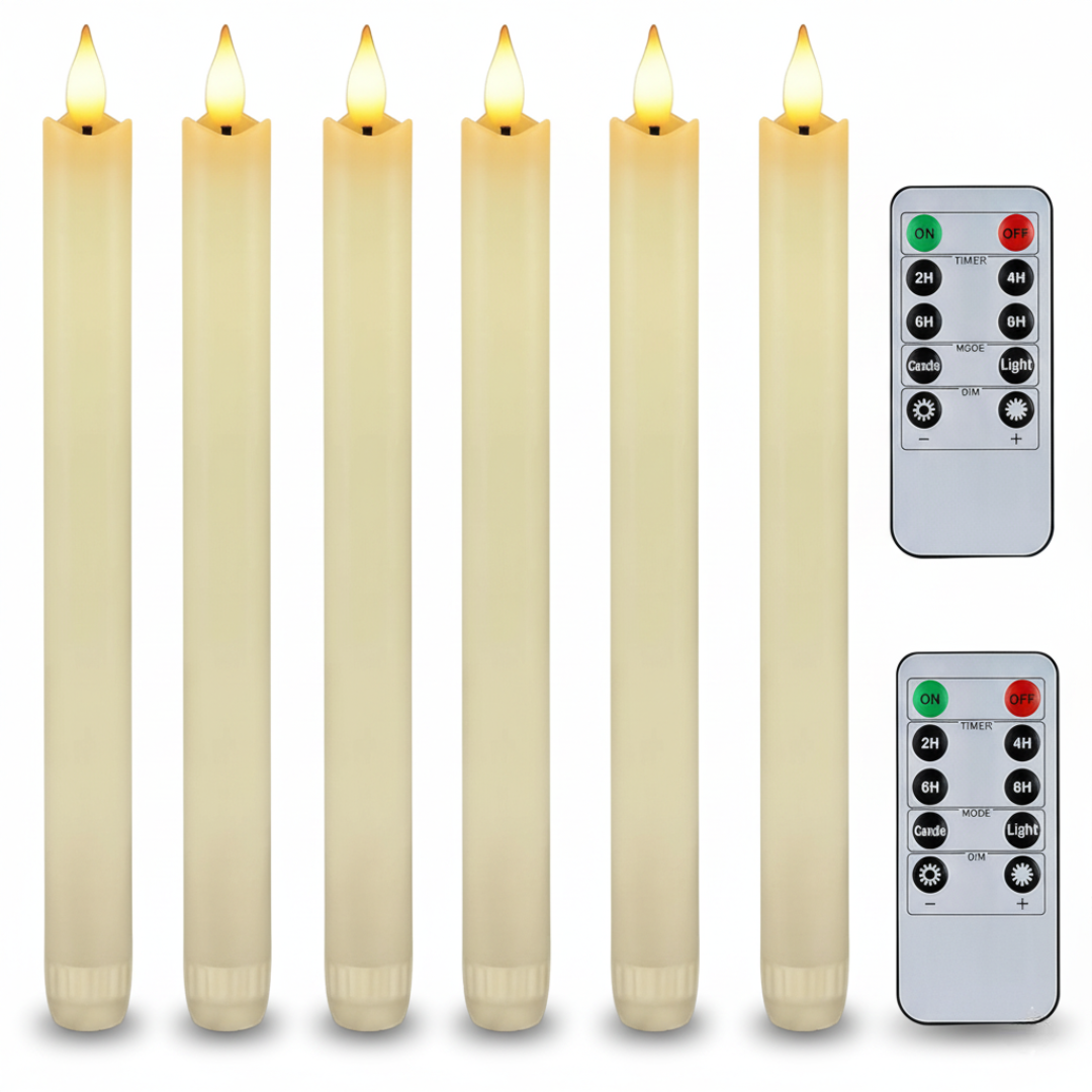 Pack Of 6 Flameless Taper Candles With Remote Timer And Dimmer