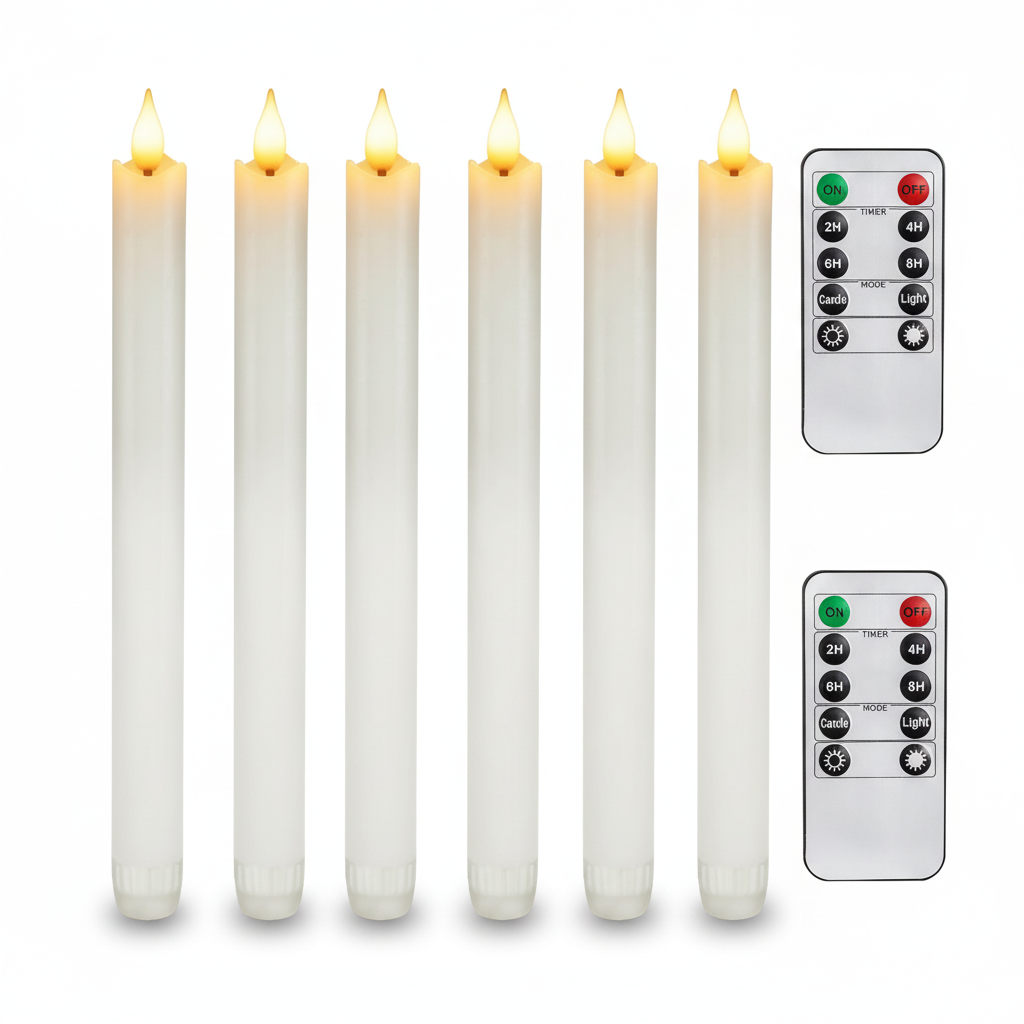 Pack Of 6 Flameless Taper Candles With Remote Timer And Dimmer