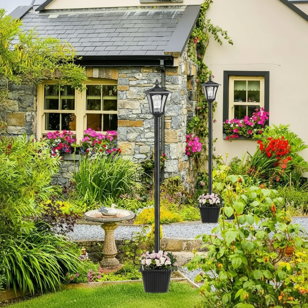 65" Solar Lamp Post Light with Planter, Glass 60 Lumens Solar Garden Lights Outdoor Waterproof Solar Pole Lights Patio Decor, Warm White