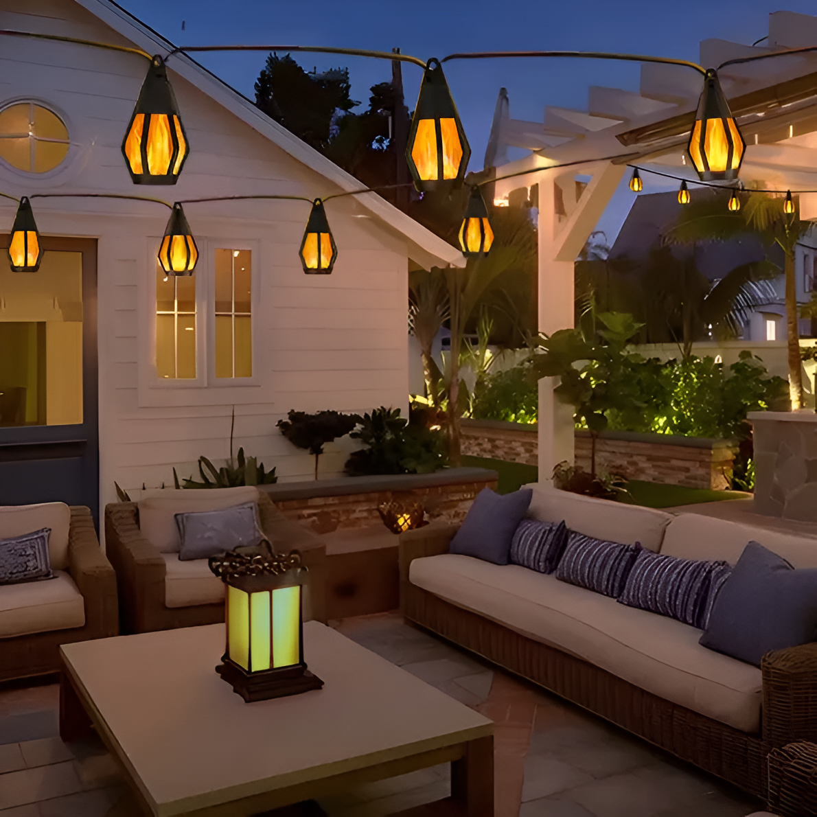 Garden Deco Solar Flame Flickering Lantern, 22Ft Solar Patio Light with 10 Flickering Flame Light Bulbs, Waterproof Lantern For Halloween Christmas Deco Festiva