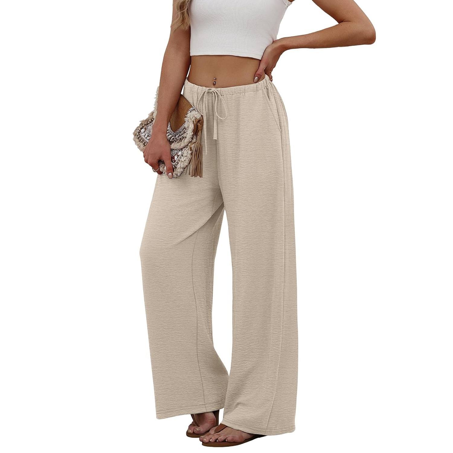 Flowy Wide Length Palazzo Pants With Pockets For Women