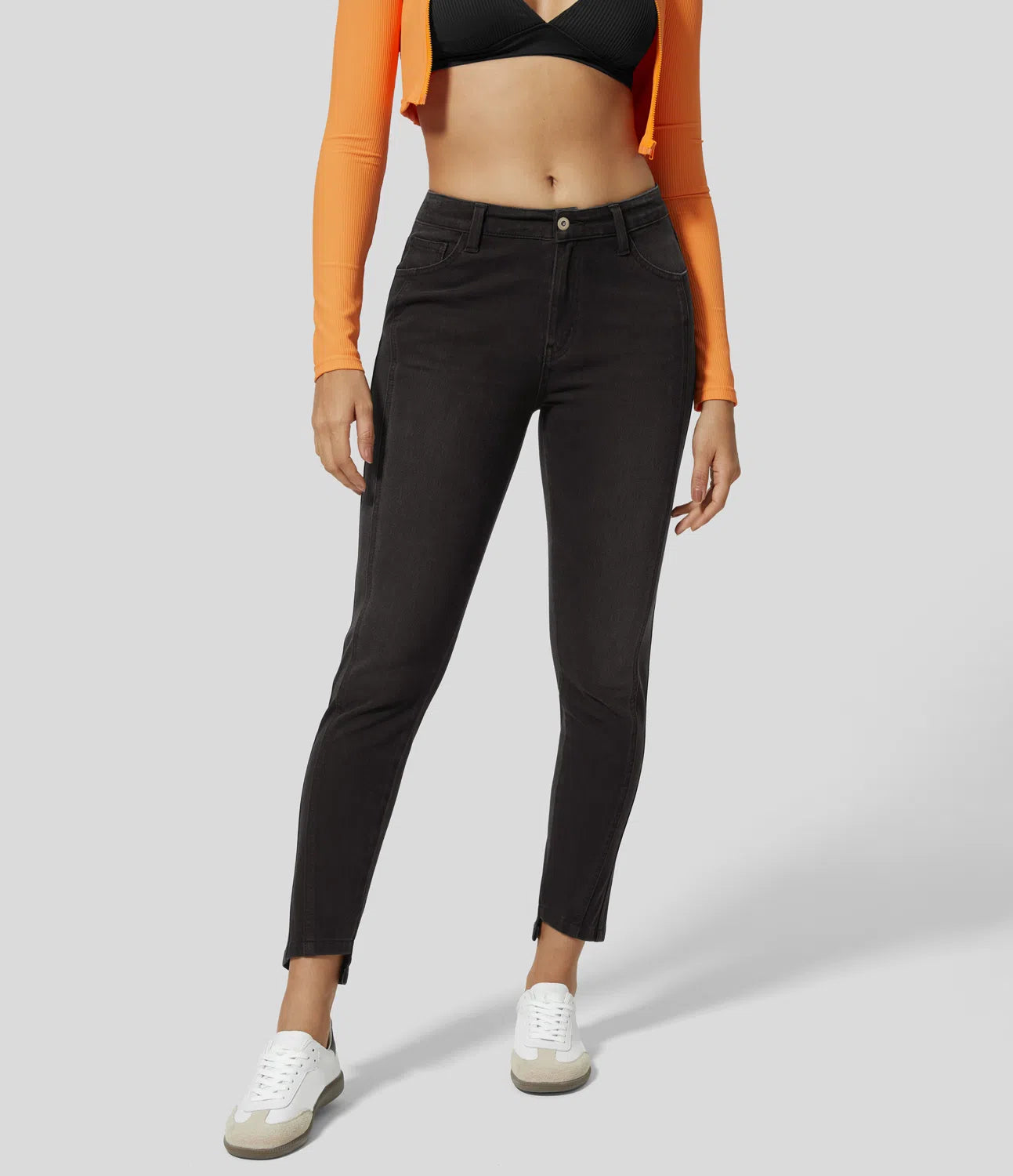 Mid Rise Button Zipper Multiple Pockets Stretchy Knit Casual Skinny Jeans-Legletic