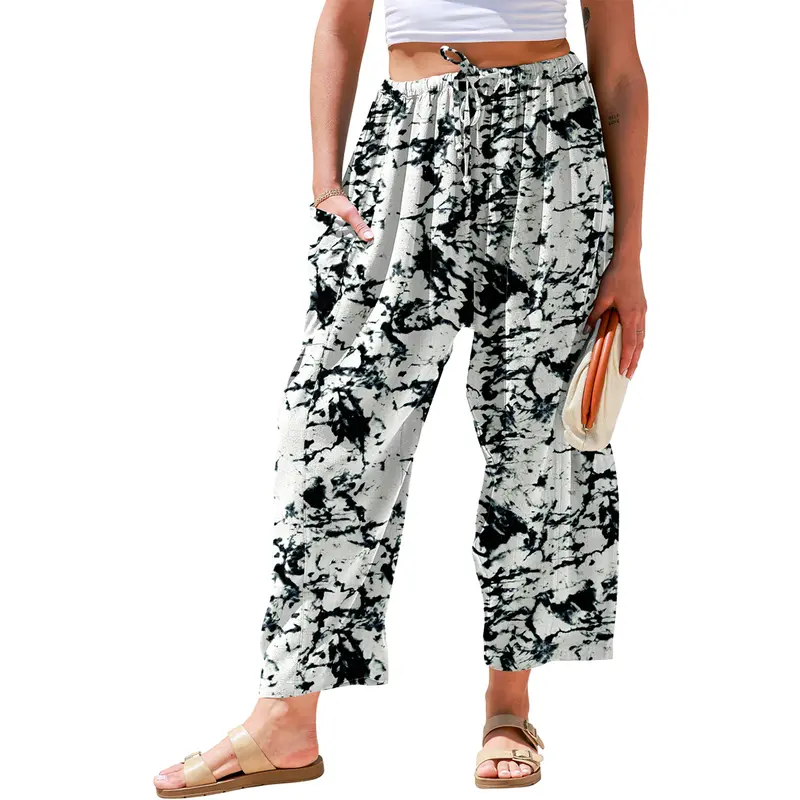 Linen blend Wide Leg Pants Casual Camo Stripe comfy work bottoms Oversize Loose Fit boho Palazzo Harem trousers with Pockets