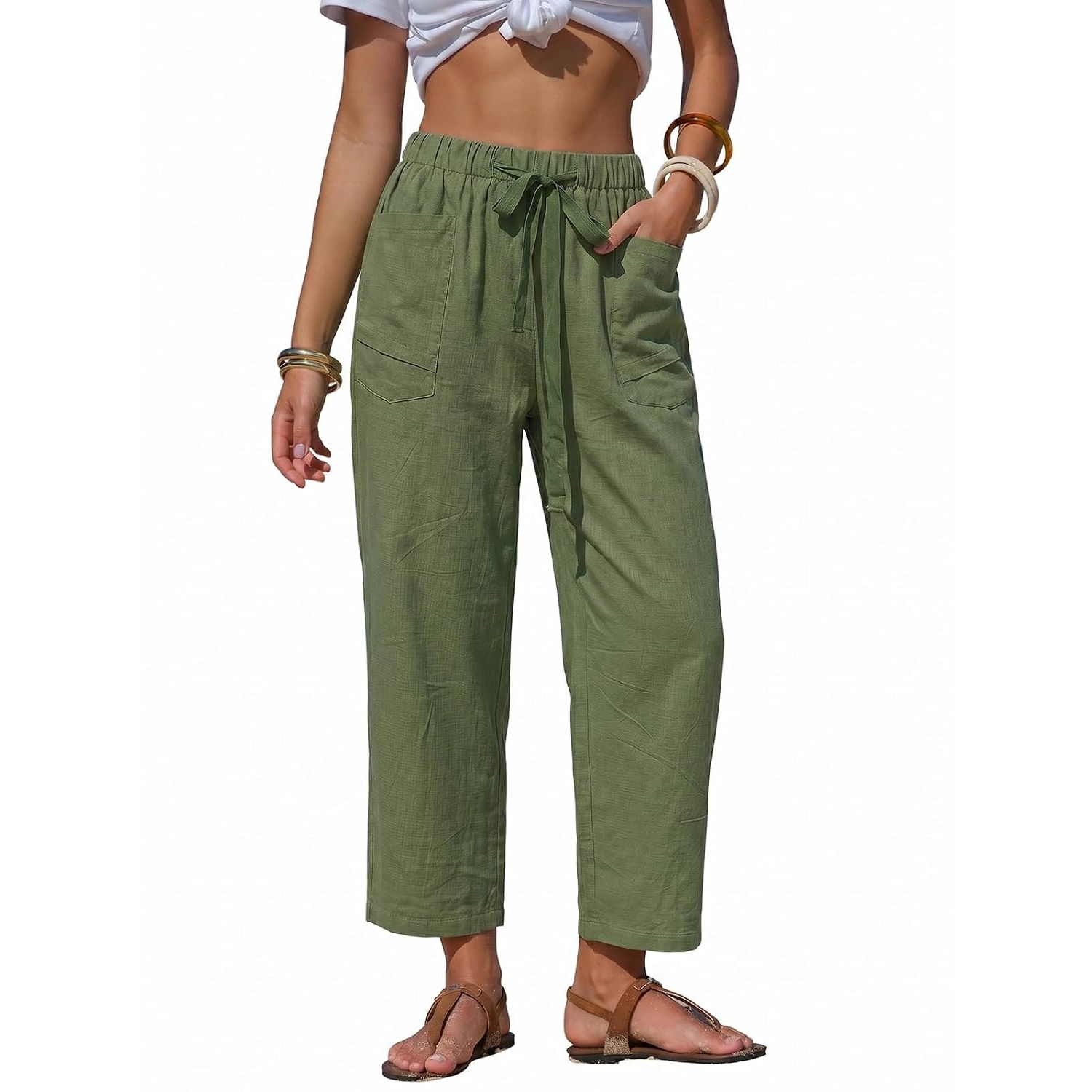 Summer Striped Barrel Pants With Drawstring For Women