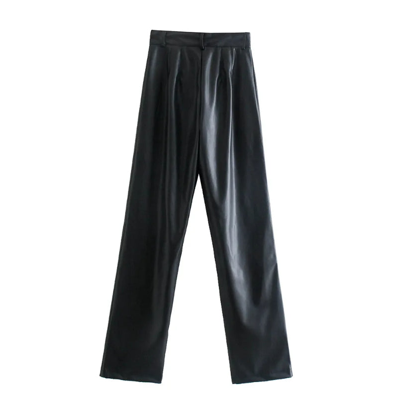 Vintage High Waist Faux Leather Straight Pants-Legletic
