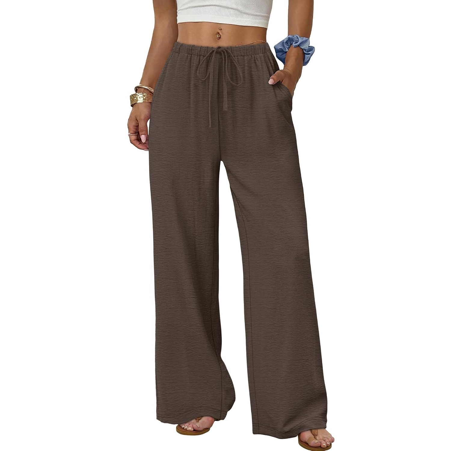 Flowy Wide Length Palazzo Pants With Pockets For Women