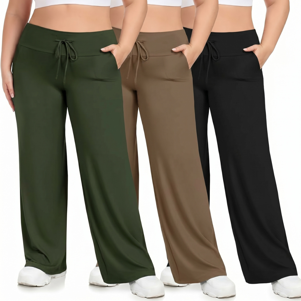 Pack Of 3 Plus Size Lounge Wide Pants For Women With Pockets