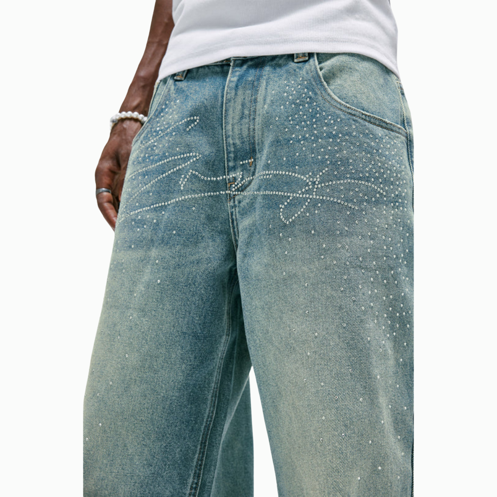 Embellished Wide Denim Pants With Chain Detail-Legletic