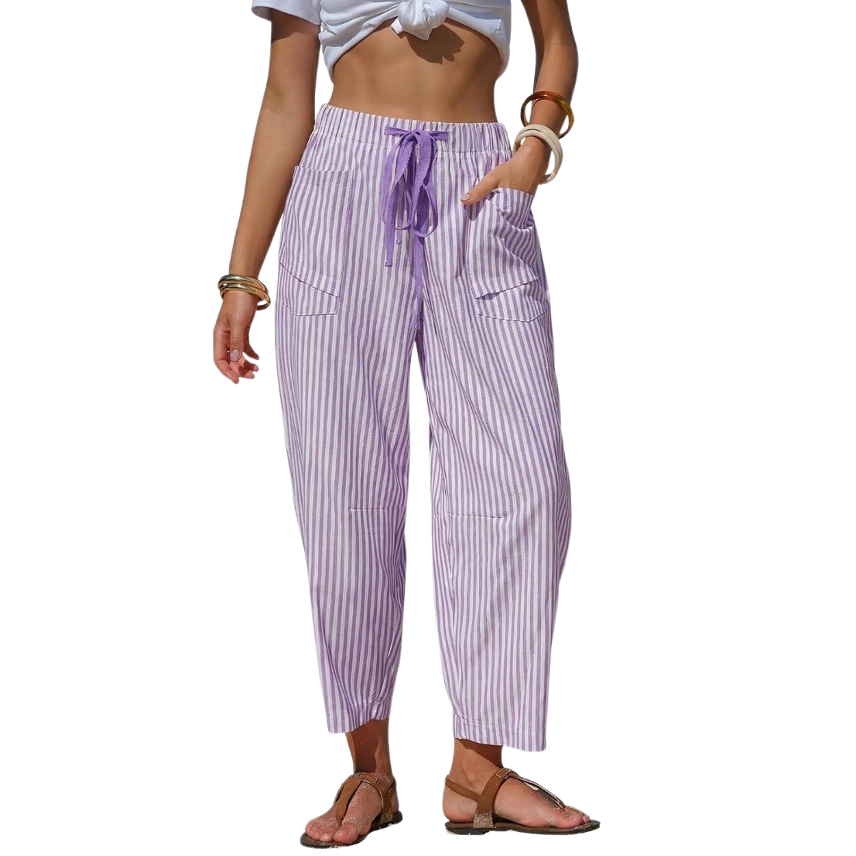 Summer Striped Barrel Pants With Drawstring For Women
