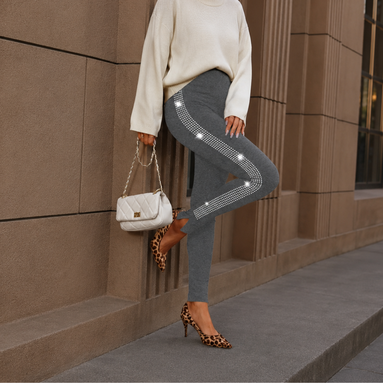 Casual Rhinestone Side Stripe Leggings For Women