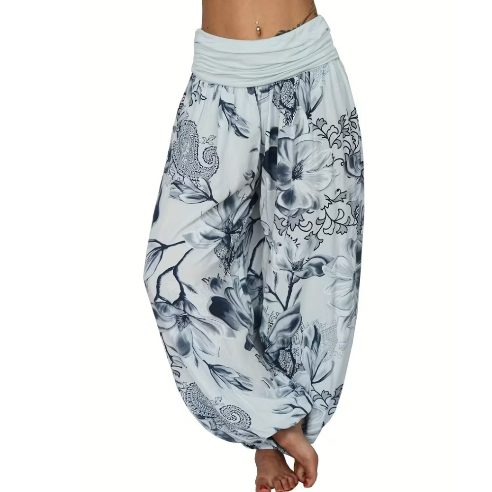 Boho Floral Print Ruched Harem Pants For Women