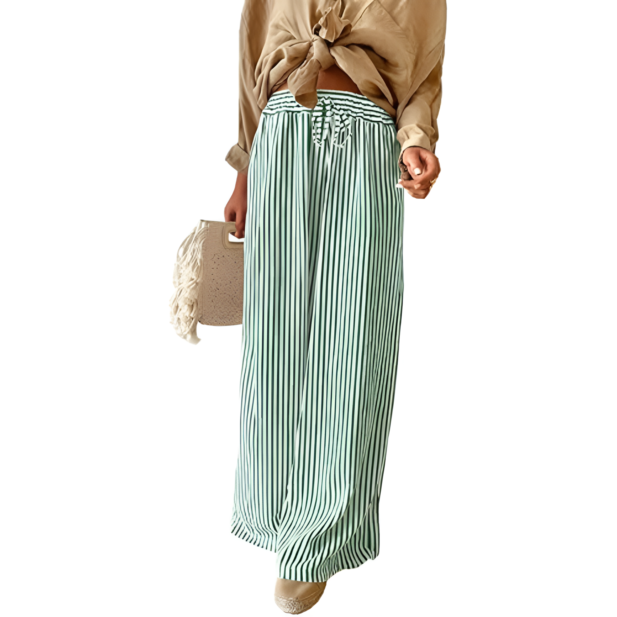 Women Casual Drawstring Elastic Waist Striped Wide Leg Pants with Pockets