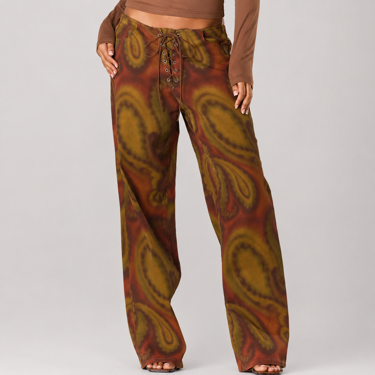 Peacock Print Lace Up Straight Leg Printed Jeans For Women