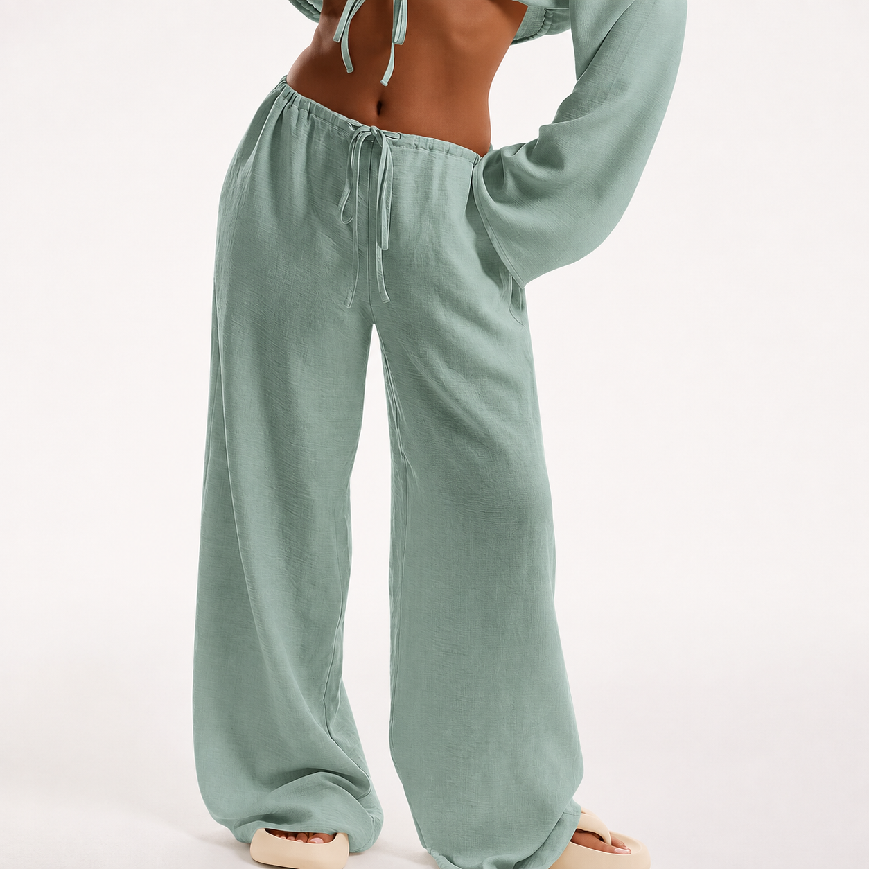 Tie Front Linen Feel Vacation Beach Trousers For Women