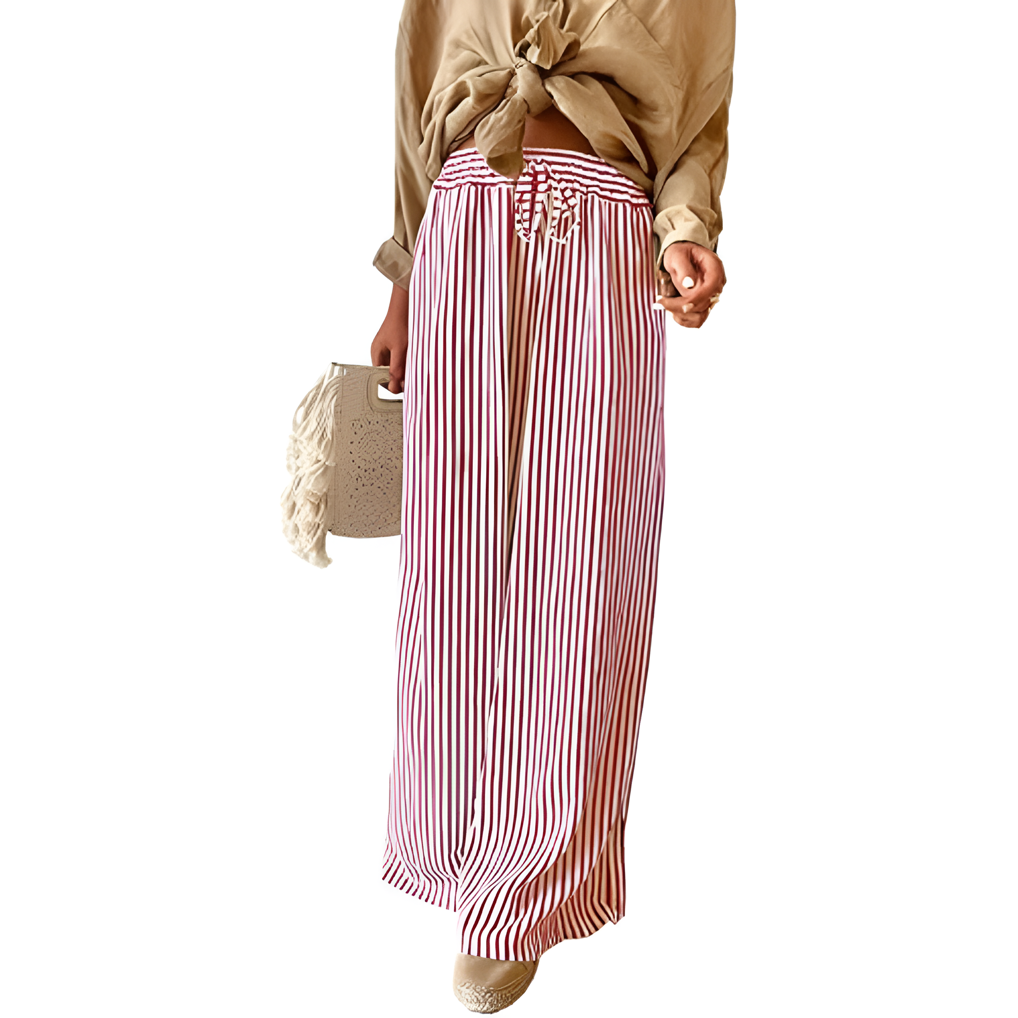 Women Casual Drawstring Elastic Waist Striped Wide Leg Pants with Pockets