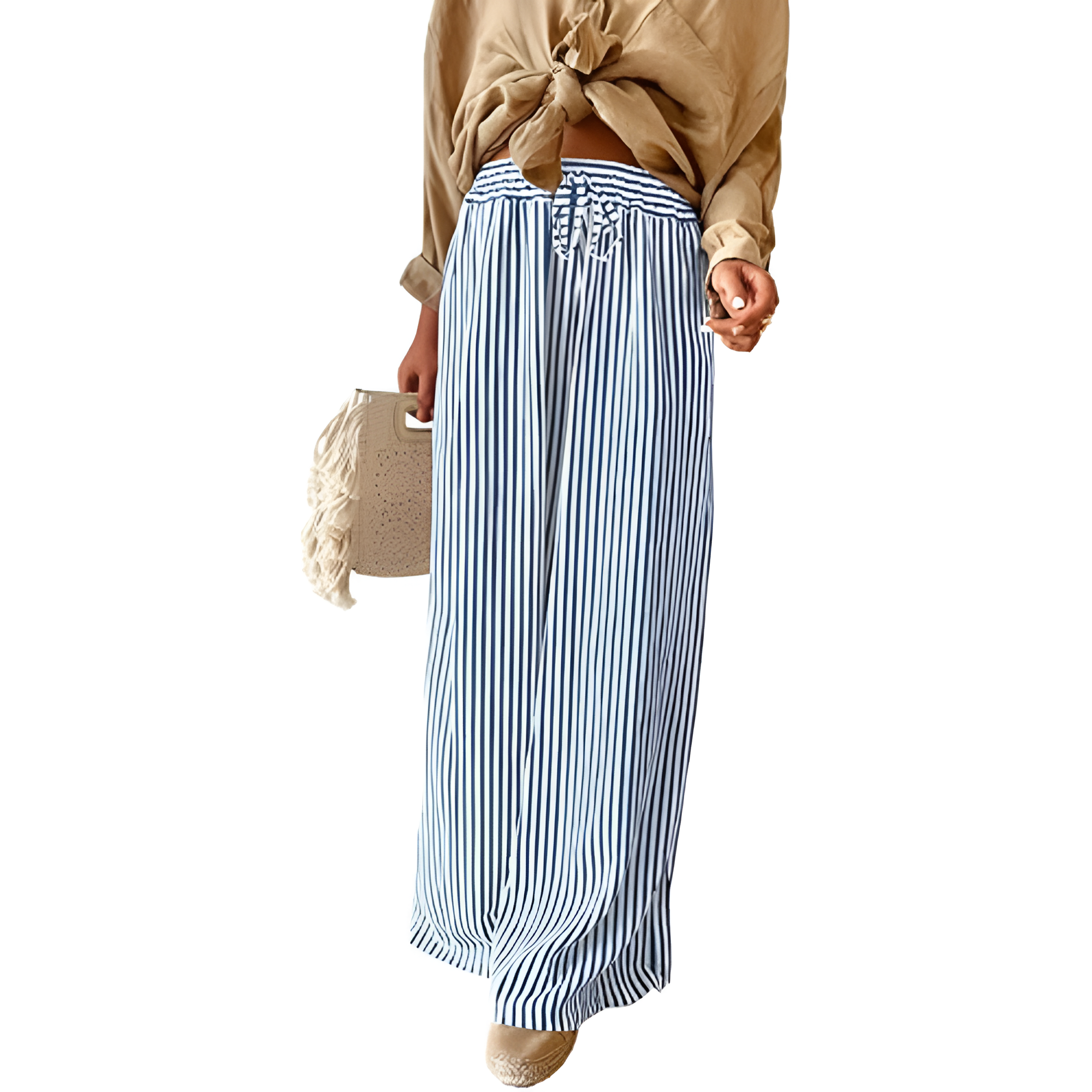 Women Casual Drawstring Elastic Waist Striped Wide Leg Pants with Pockets
