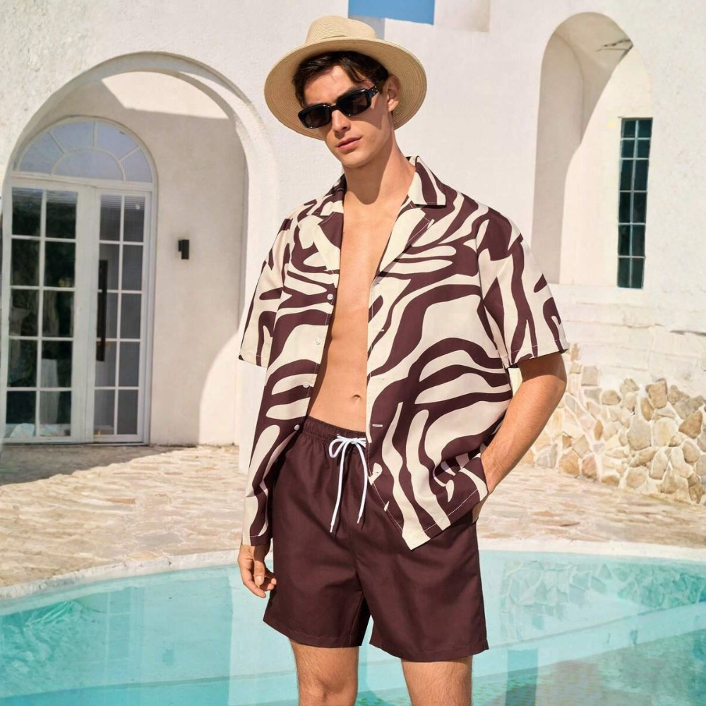 Tropical Plant Print Button-Down Short Sleeve Shirt And Drawstring Waist Pocket Shorts Beach Outfit