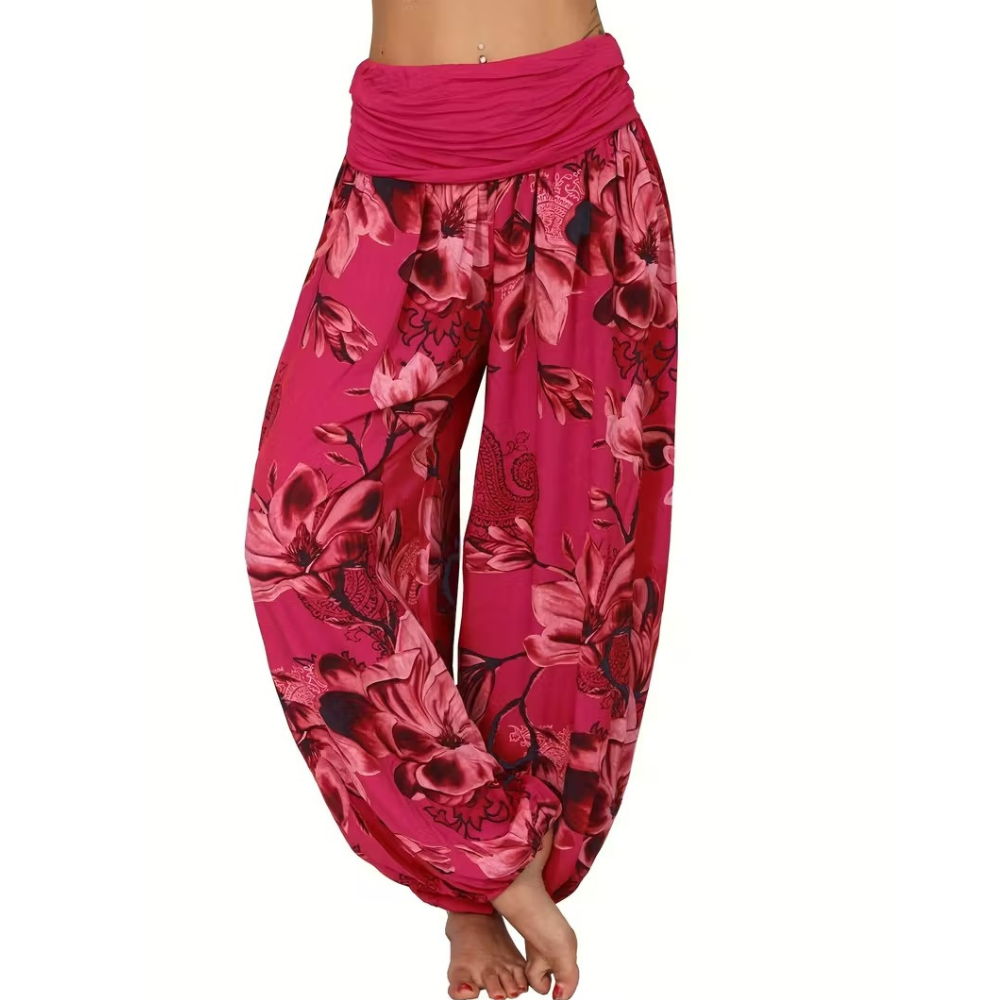 Boho Floral Print Ruched Harem Pants For Women