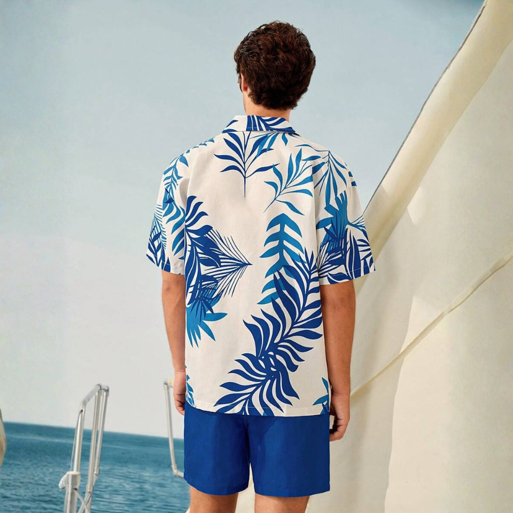 Tropical Plant Print Button-Down Short Sleeve Shirt And Drawstring Waist Pocket Shorts Beach Outfit