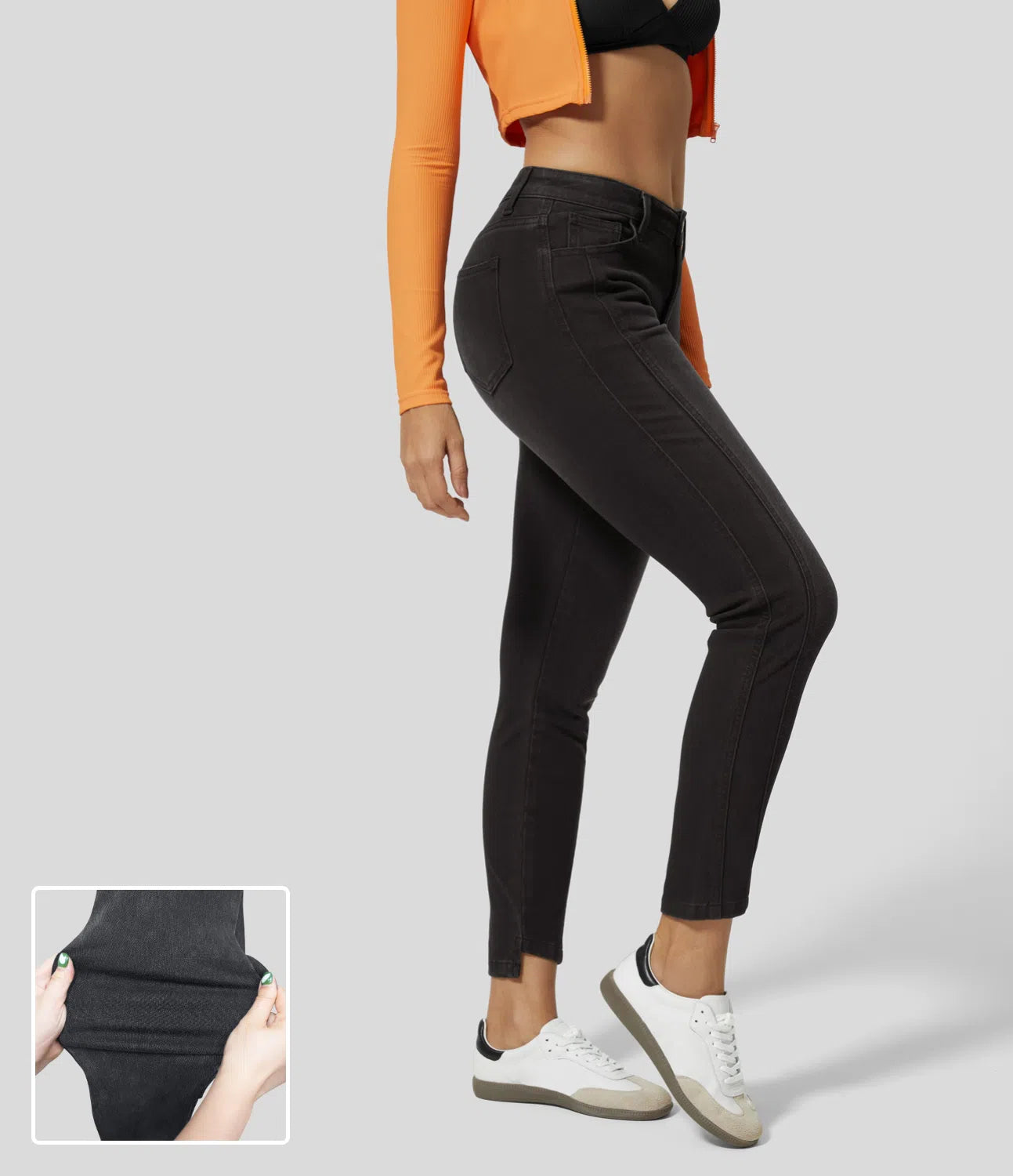 Mid Rise Button Zipper Multiple Pockets Stretchy Knit Casual Skinny Jeans-Legletic