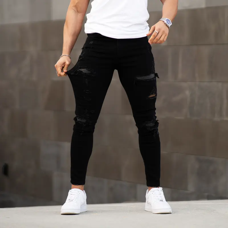 Mens Ripped Stretch Jeans Slim Fit Distressed Skinny Denim Pants Fashion Comfort Tapered Leg