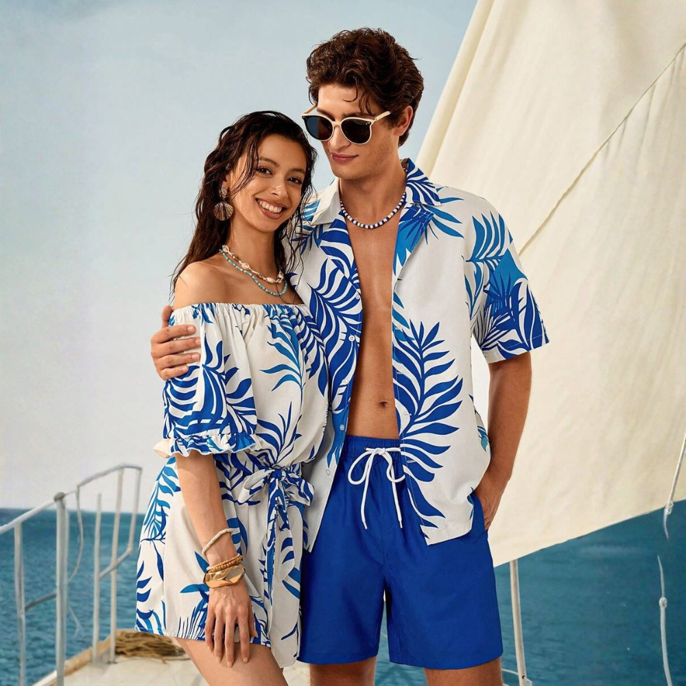 Tropical Plant Print Button-Down Short Sleeve Shirt And Drawstring Waist Pocket Shorts Beach Outfit