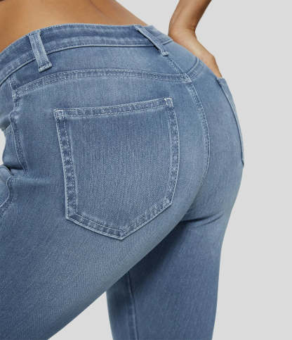 Mid Rise Button Zipper Multiple Pockets Stretchy Knit Casual Skinny Jeans-Legletic