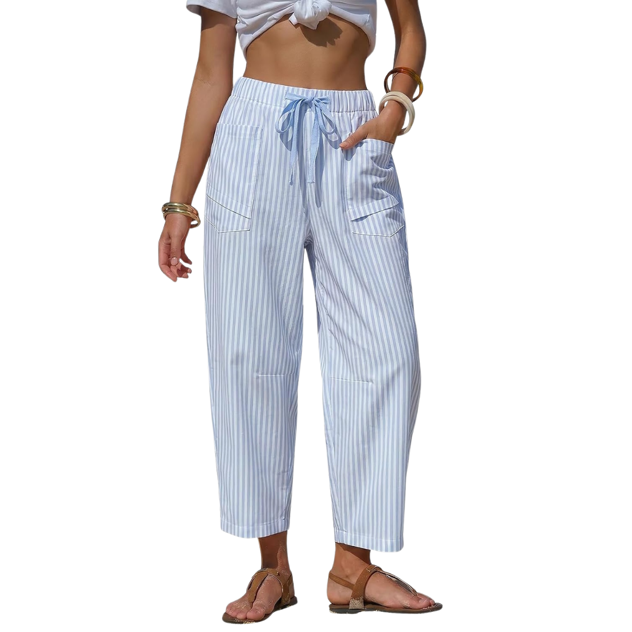 Summer Striped Barrel Pants With Drawstring For Women