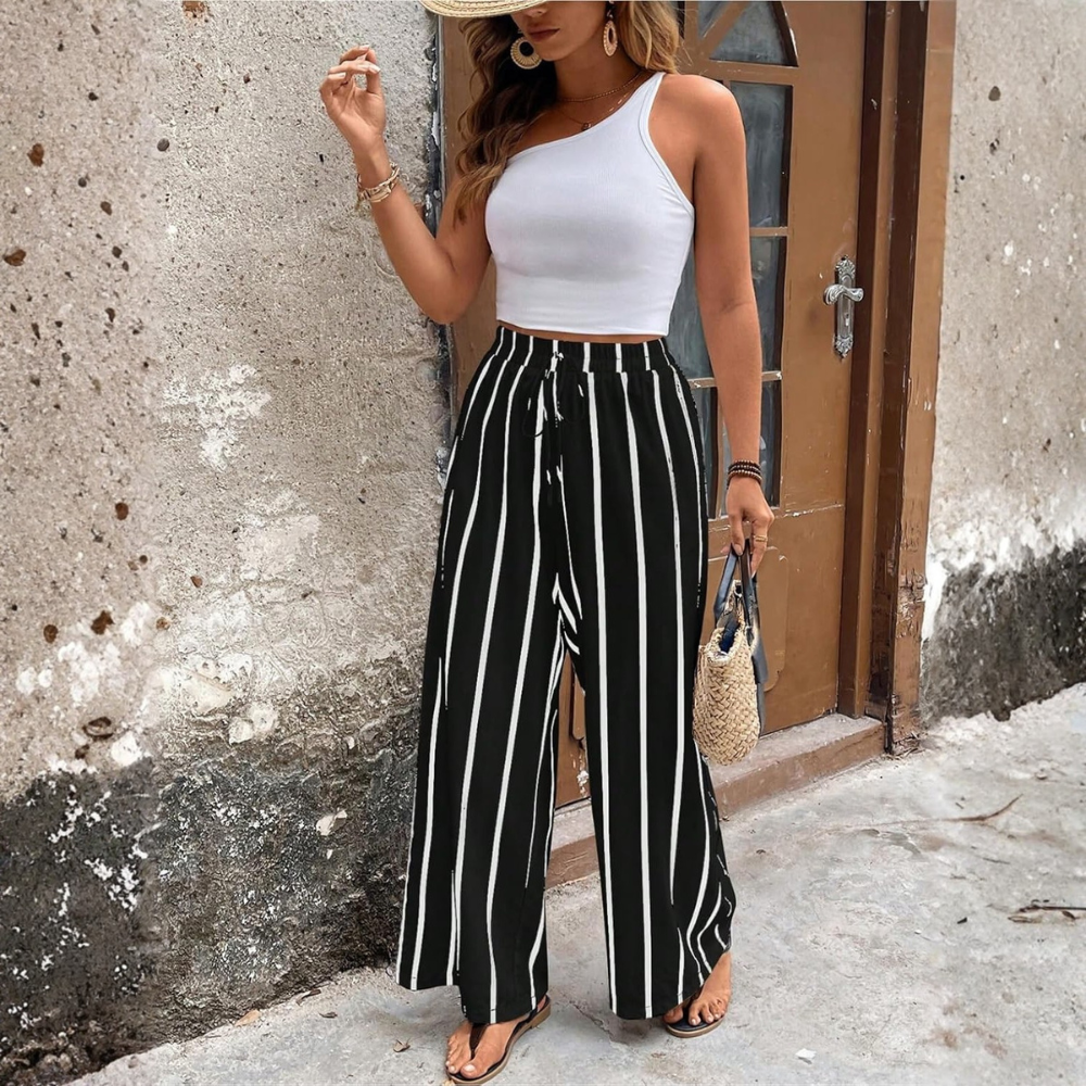 Casual Striped Wide Drawstring Pants With Pockets