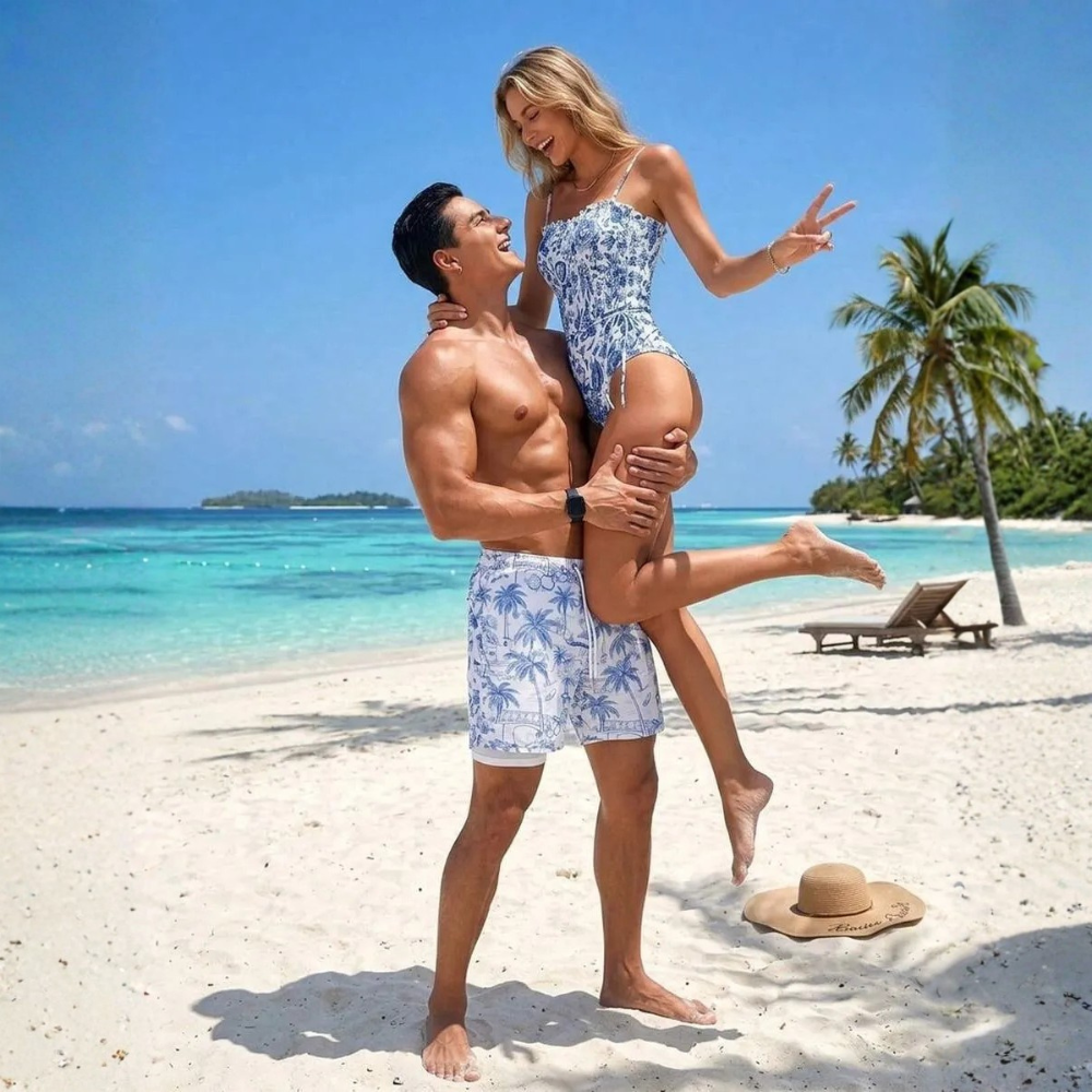 Beach Matching Swimwear Set With Tropical Print For Couples