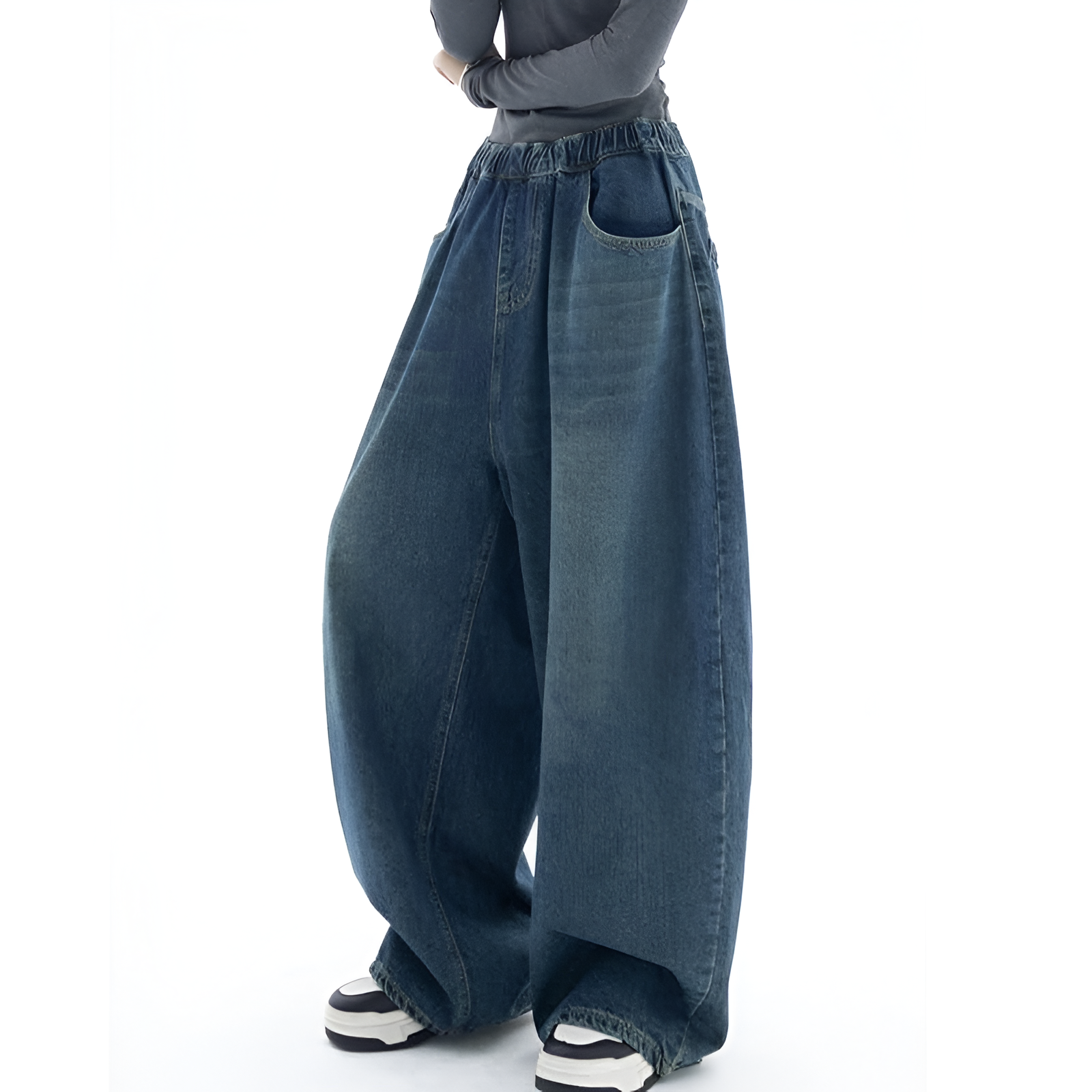 Dark Wash Loose Fit Vintage Denim Pants For Women