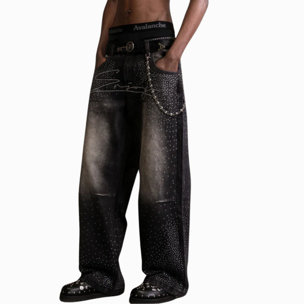 Embellished Wide Denim Pants With Chain Detail-Legletic