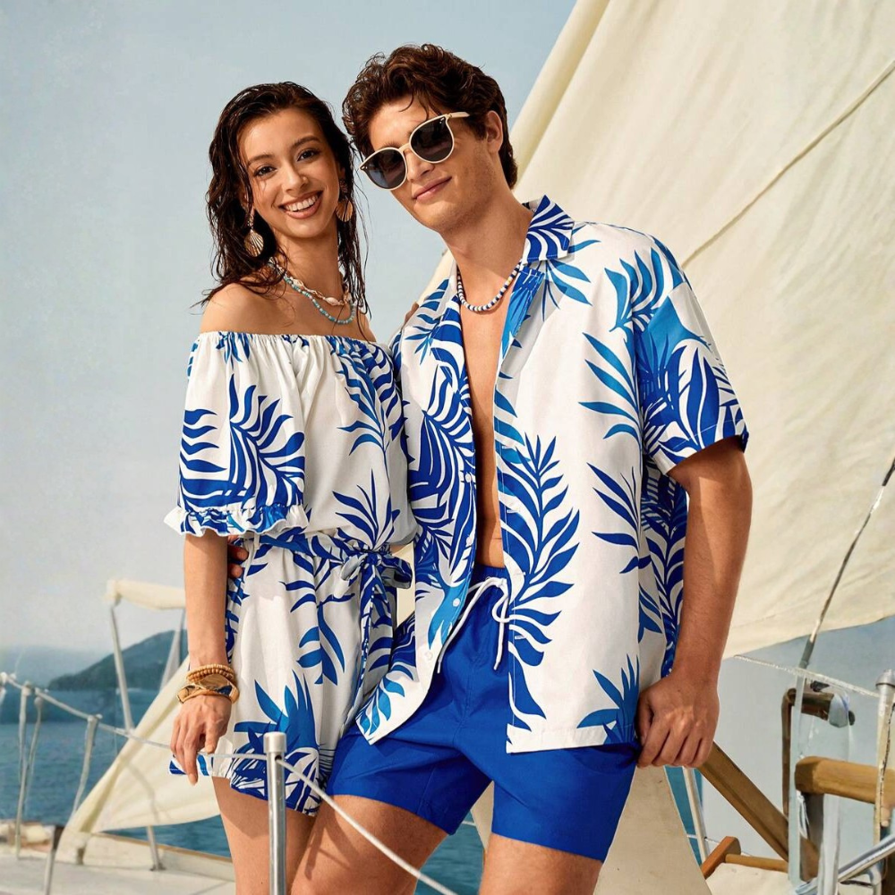 Tropical Plant Print Button-Down Short Sleeve Shirt And Drawstring Waist Pocket Shorts Beach Outfit