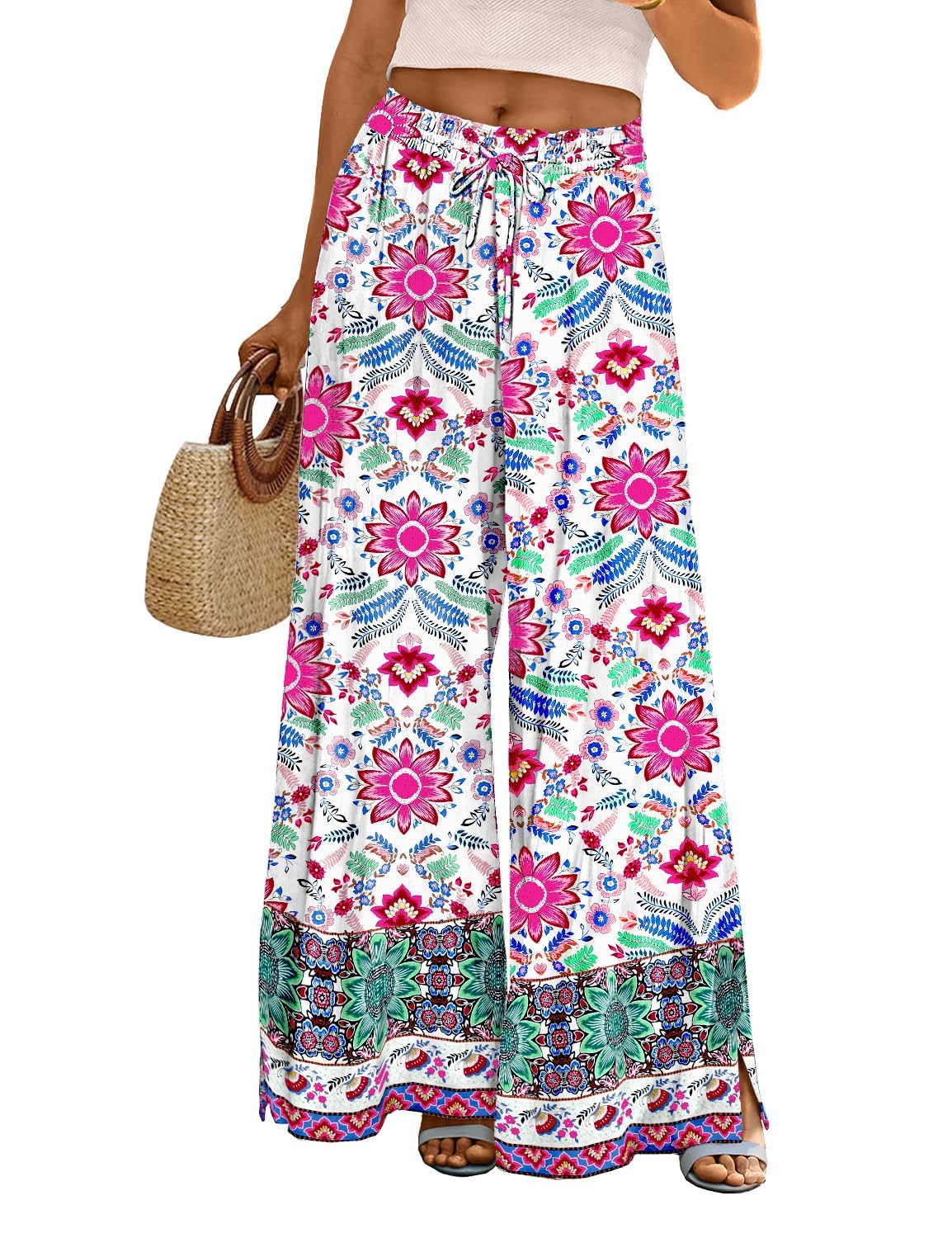 Casual Wide Flowy Beach Pants With Drawstring For Women