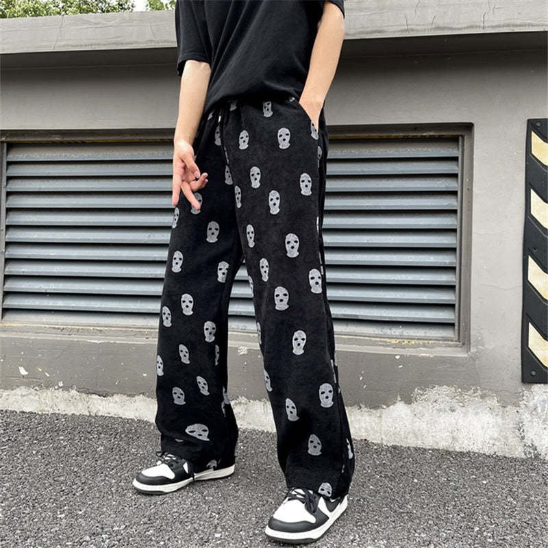 Men's Skull Print Casual Corduroy Drawstring Baggy Pants-Legletic