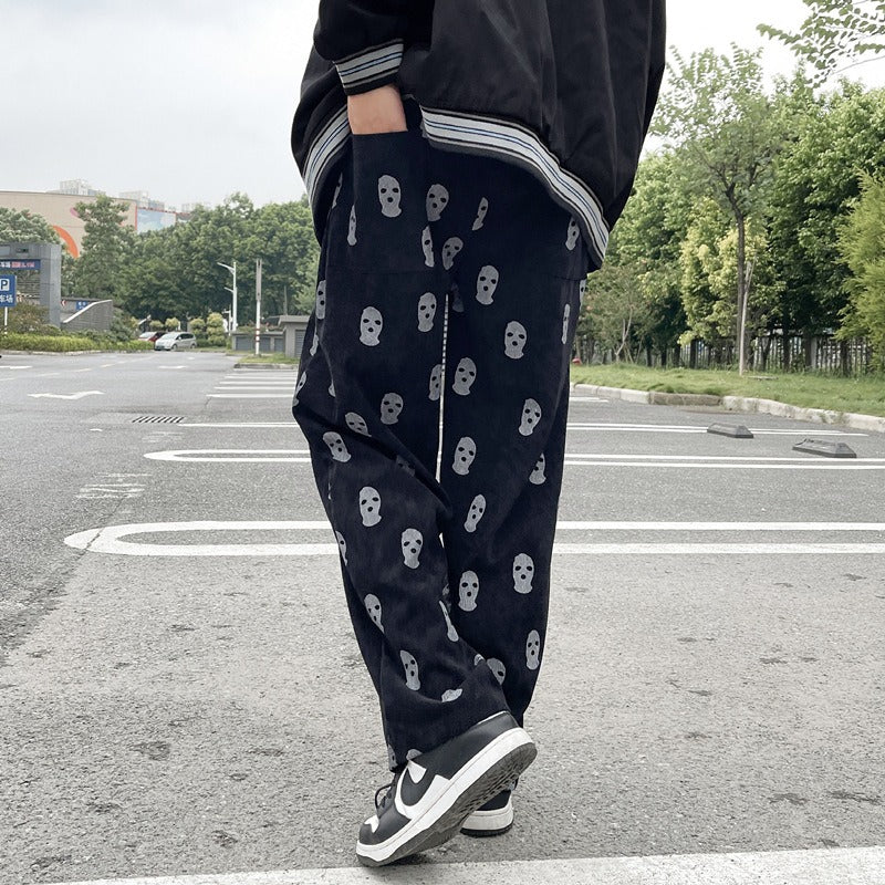 Men's Skull Print Casual Corduroy Drawstring Baggy Pants-Legletic