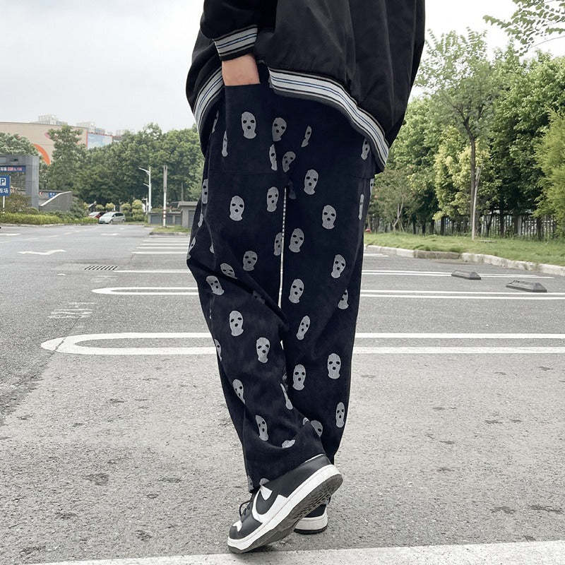 Men's Skull Print Casual Corduroy Drawstring Baggy Pants-Legletic