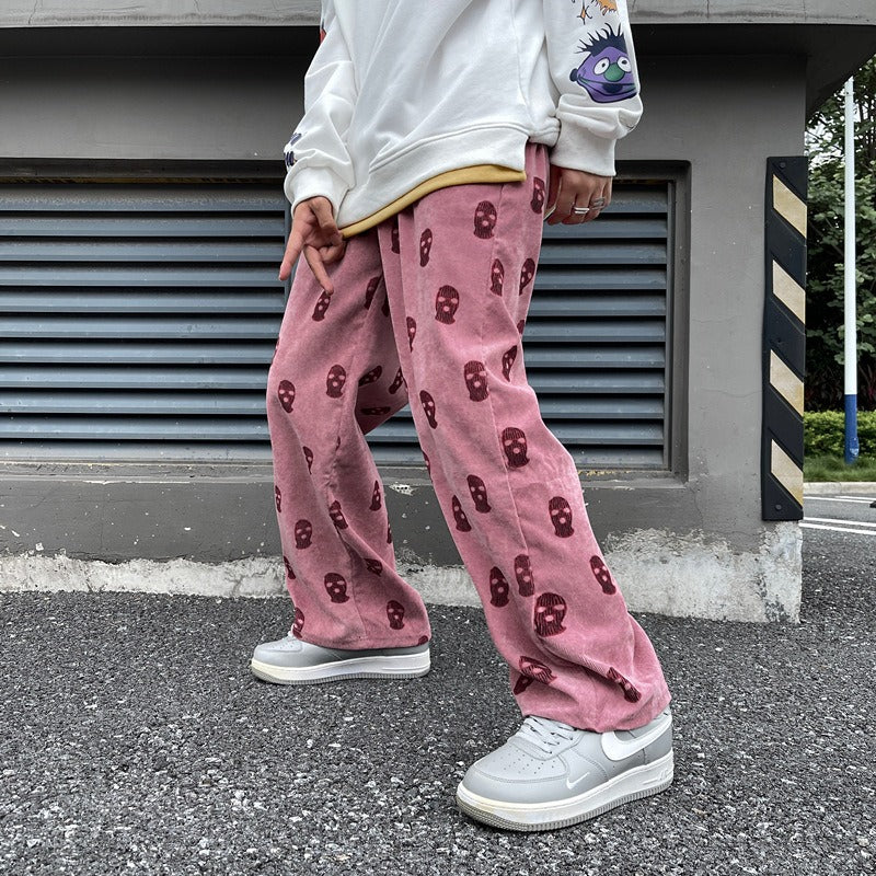 Men's Skull Print Casual Corduroy Drawstring Baggy Pants-Legletic
