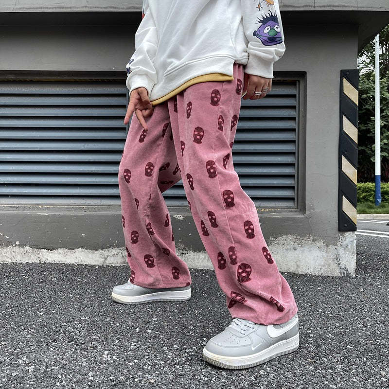Men's Skull Print Casual Corduroy Drawstring Baggy Pants-Legletic