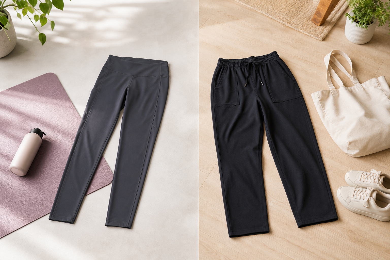 Split scene comparing stretch pants beside a yoga mat with casual pants beside sneakers and a tote