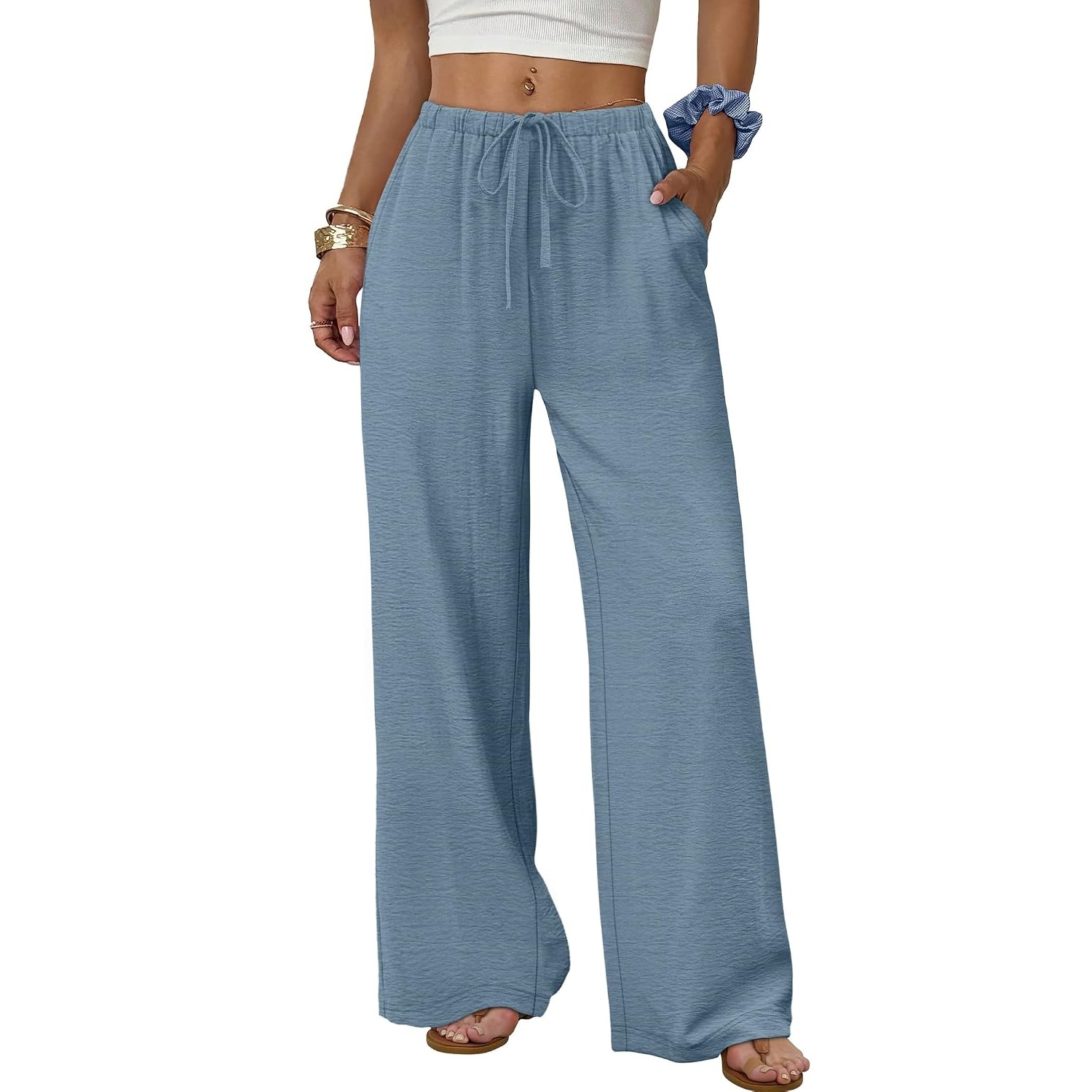 Flowy Wide Length Palazzo Pants With Pockets For Women